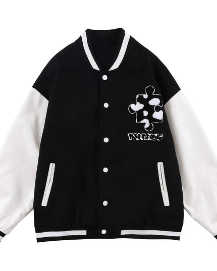Varsity Jacket Men Cow Print Puzzle Letter Patch Bomber Coats Autumn Baggy Hipster College Style Baseball Jacket Couple-0