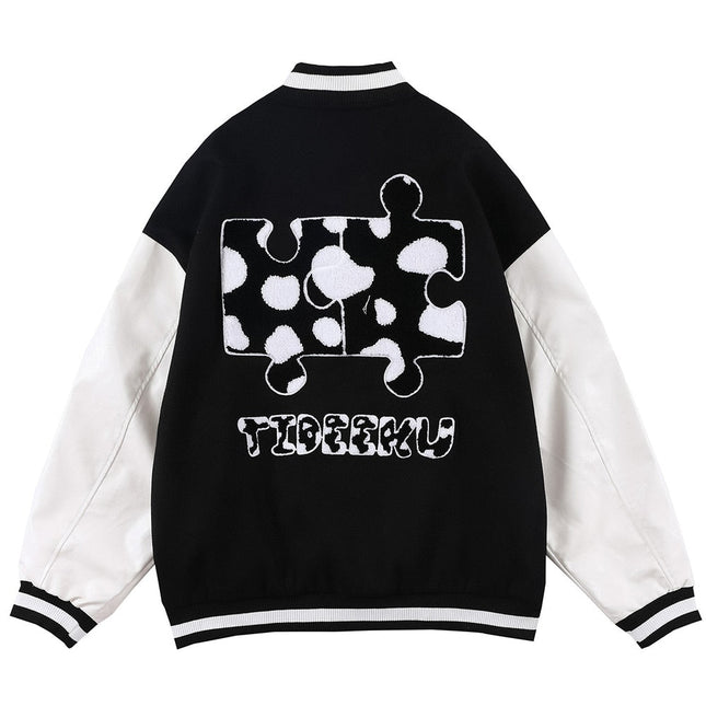 Varsity Jacket Men Cow Print Puzzle Letter Patch Bomber Coats Autumn Baggy Hipster College Style Baseball Jacket Couple-1