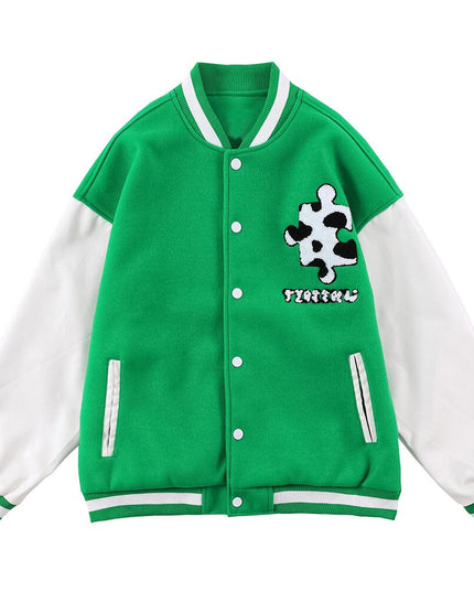 Varsity Jacket Men Cow Print Puzzle Letter Patch Bomber Coats Autumn Baggy Hipster College Style Baseball Jacket Couple-4
