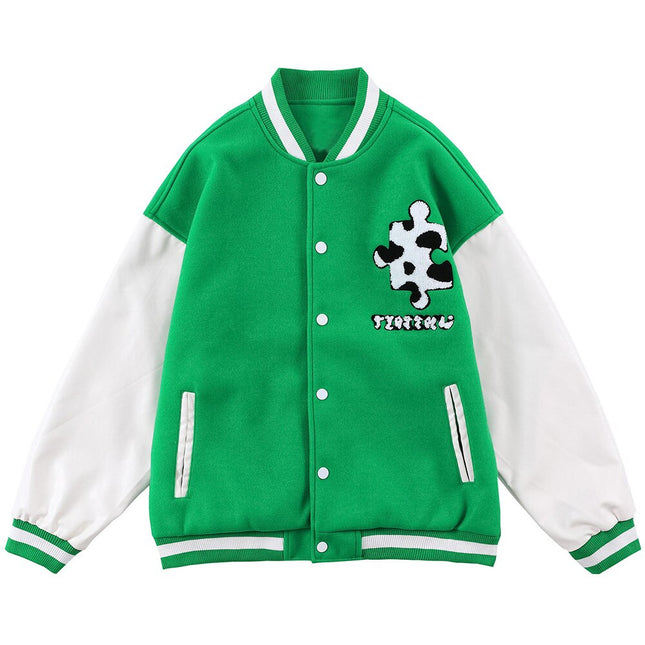 Varsity Jacket Men Cow Print Puzzle Letter Patch Bomber Coats Autumn Baggy Hipster College Style Baseball Jacket Couple-4