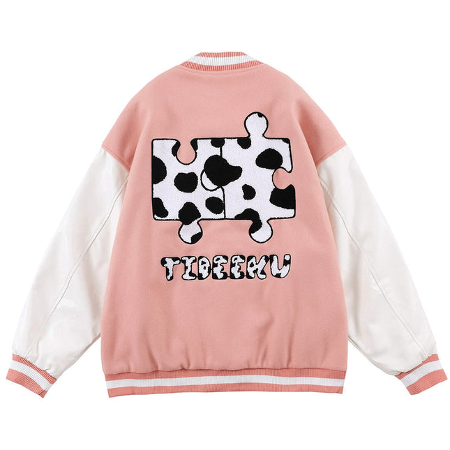 Varsity Jacket Men Cow Print Puzzle Letter Patch Bomber Coats Autumn Baggy Hipster College Style Baseball Jacket Couple-3