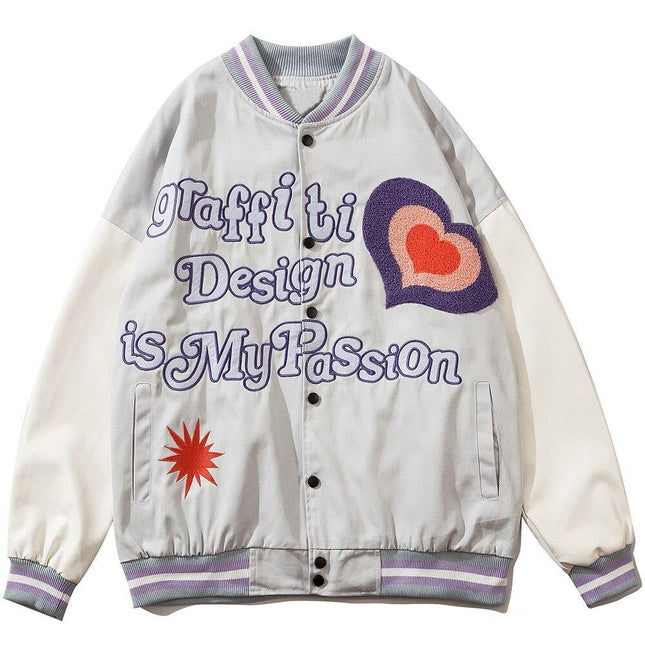 Furry Heart Patch Letter Embroidery Baseball Jacket Couple Varsity Jackets Coats Autumn Fashion Harajuku Streetwear Men-0