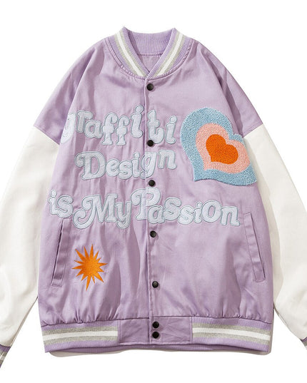 Furry Heart Patch Letter Embroidery Baseball Jacket Couple Varsity Jackets Coats Autumn Fashion Harajuku Streetwear Men-3