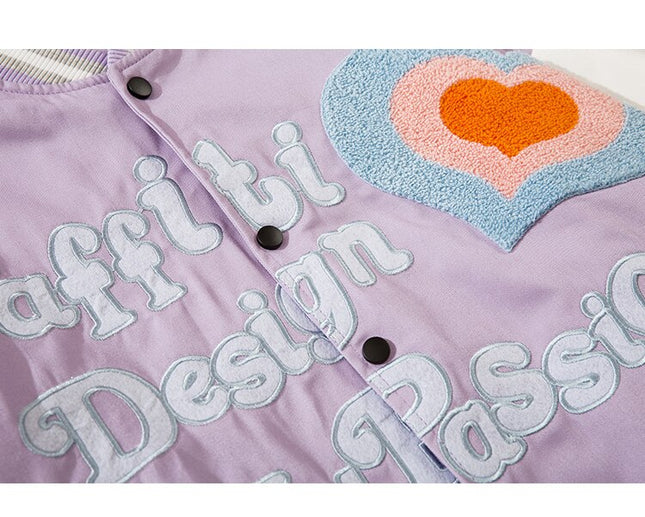 Furry Heart Patch Letter Embroidery Baseball Jacket Couple Varsity Jackets Coats Autumn Fashion Harajuku Streetwear Men-4