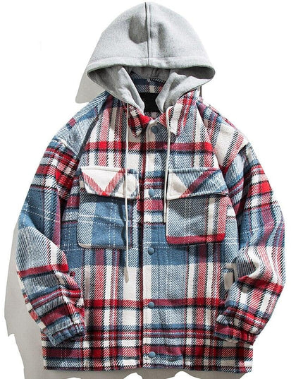 Plaid Print Pocket Hooded Jacket Coat Couple Loose Retro All-match Casual Outwear Autumn High Street Fashion Streetwear-0