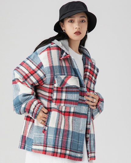 Plaid Print Pocket Hooded Jacket Coat Couple Loose Retro All-match Casual Outwear Autumn High Street Fashion Streetwear-3