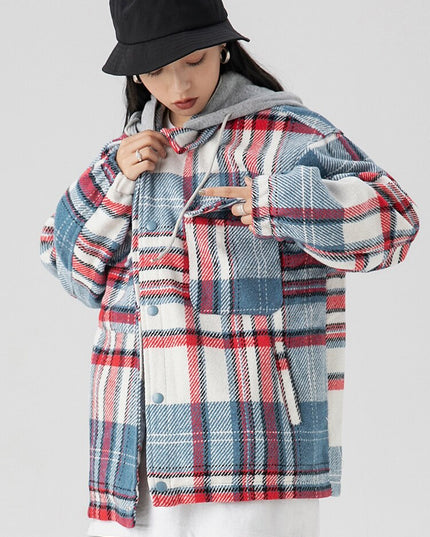 Plaid Print Pocket Hooded Jacket Coat Couple Loose Retro All-match Casual Outwear Autumn High Street Fashion Streetwear-2