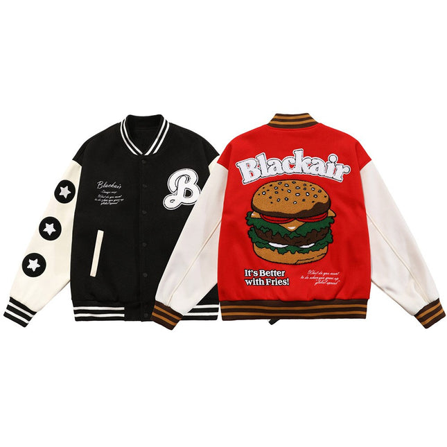 Men Hamburger Patch Letter Embroidery Bomber Jacket Autumn Loose Harajuku Hip Hop Fashion Baseball Coats Couple Outwear-3