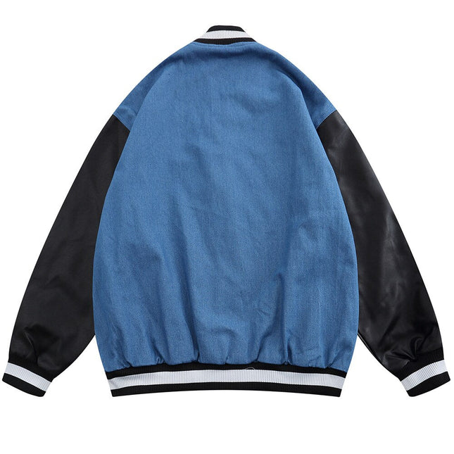 Jacket Men Denim Leather Patchwork Color Letter Embroidery Baggy Fashion High Street Style Baseball Jacket Autumn Coats-1