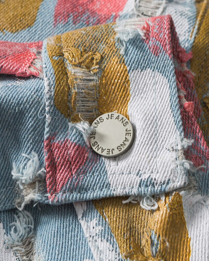 Watercolor Graffiti Hole Ripped Denim Jacket Men Fashion Hip Hop Style Cowboy Jacket Coats Autumn Baggy Cool Streetwear-2