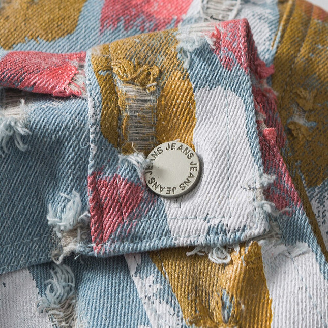 Watercolor Graffiti Hole Ripped Denim Jacket Men Fashion Hip Hop Style Cowboy Jacket Coats Autumn Baggy Cool Streetwear-2
