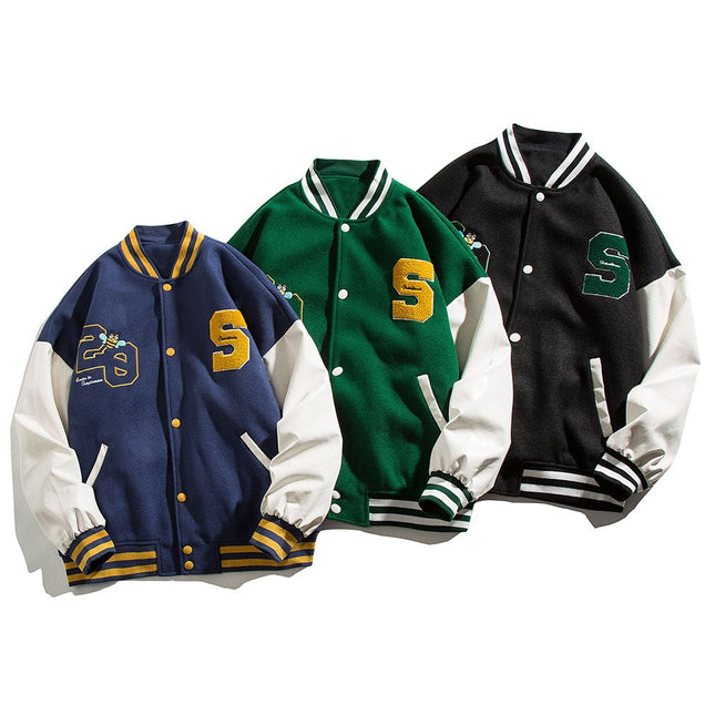 Patchwork Color Animal Letter Embroidery Baseball Jacket Men Bomber Coat Autumn Vintage High Street Harajuku Streetwear-4