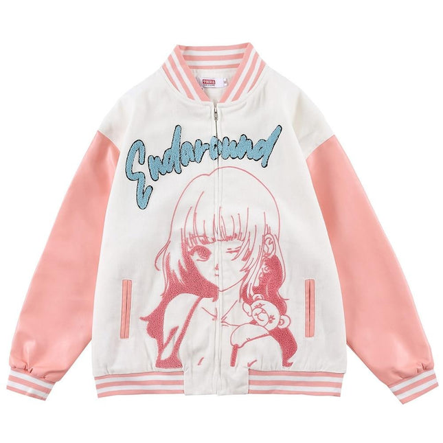 Jacket Men Furry Cartoon Comics Girl Letter Outwear Oversized College Style Hipster Coats All-match Streetwear-0
