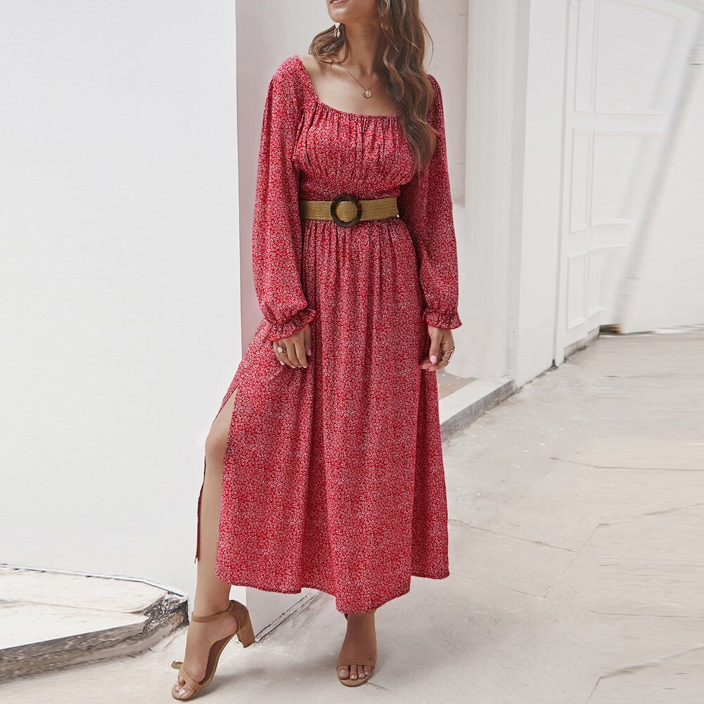 Women Side Split Dress Square Neck Long Sleeve Smock Waist Casual Party Vacation Holiday Boho Swing Print Floral Dresses Fall-0