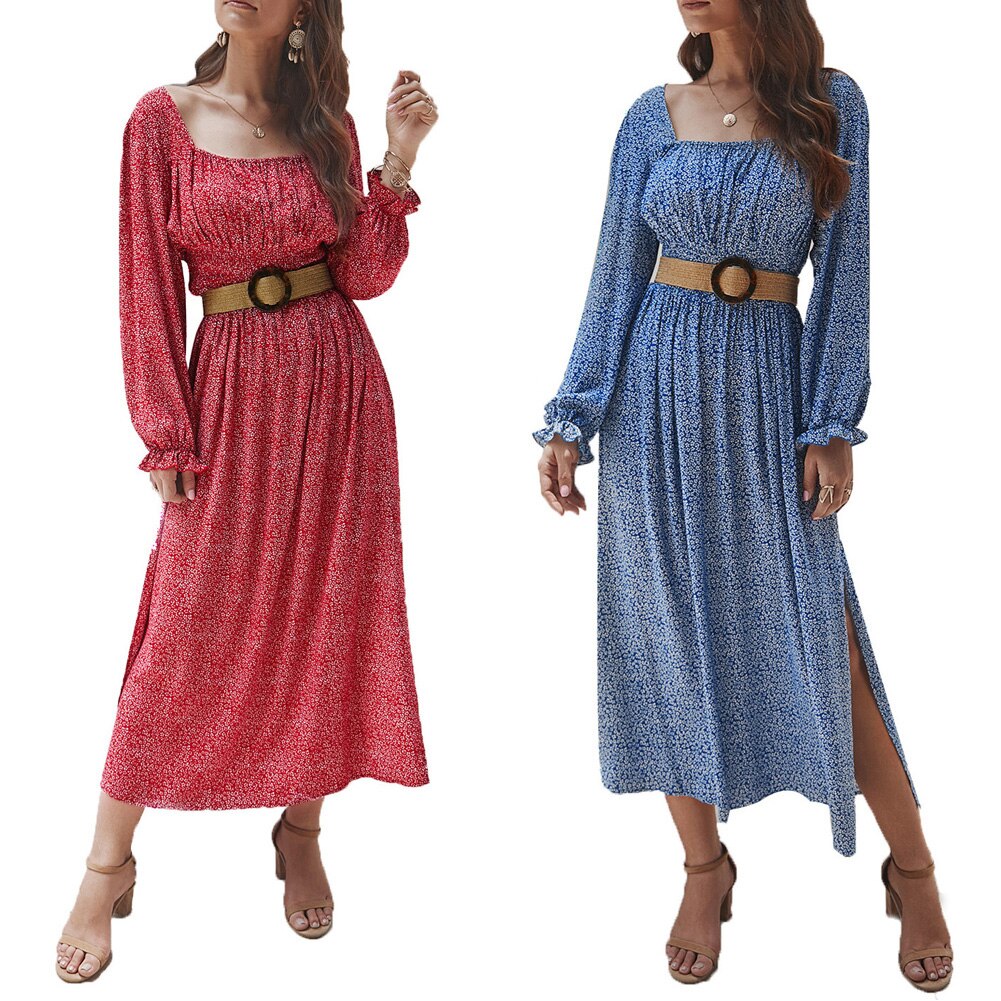 Women Side Split Dress Square Neck Long Sleeve Smock Waist Casual Party Vacation Holiday Boho Swing Print Floral Dresses Fall-1