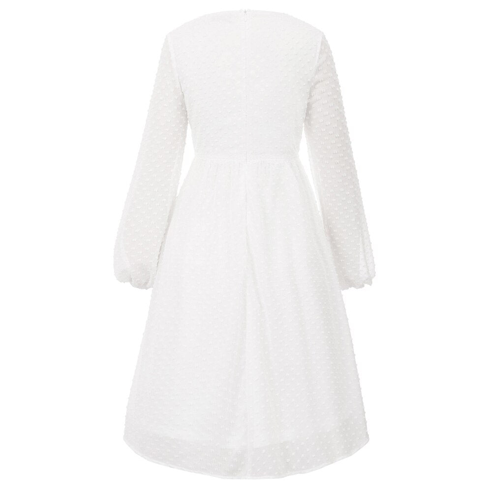 Women's Dresses Fashion V-Neck Empire Waist Swing Dress Long Sleeve Flared A-Line Summer Chiffon Mesh Lady Elegant Dresses New-3