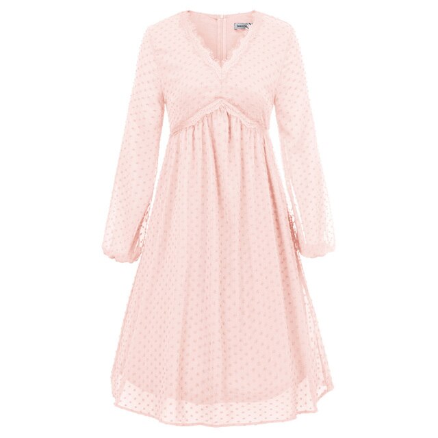 Women's Dresses Fashion V-Neck Empire Waist Swing Dress Long Sleeve Flared A-Line Summer Chiffon Mesh Lady Elegant Dresses New-5
