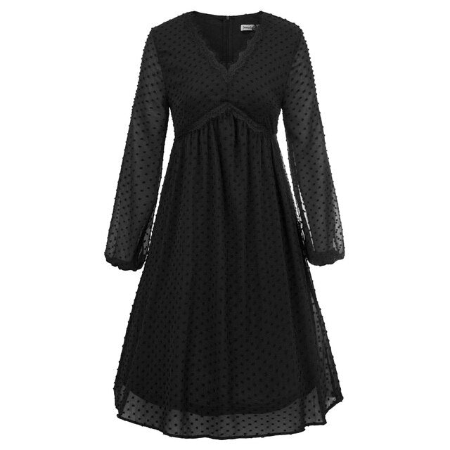 Women's Dresses Fashion V-Neck Empire Waist Swing Dress Long Sleeve Flared A-Line Summer Chiffon Mesh Lady Elegant Dresses New-7