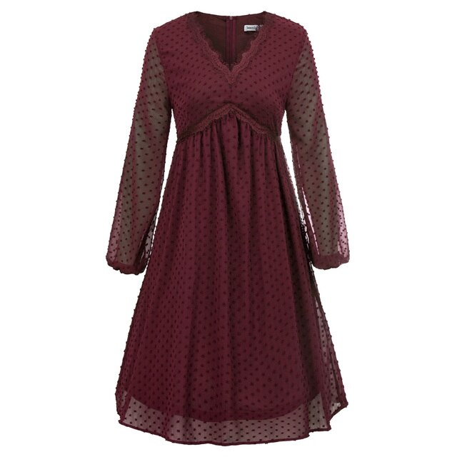 Women's Dresses Fashion V-Neck Empire Waist Swing Dress Long Sleeve Flared A-Line Summer Chiffon Mesh Lady Elegant Dresses New-6