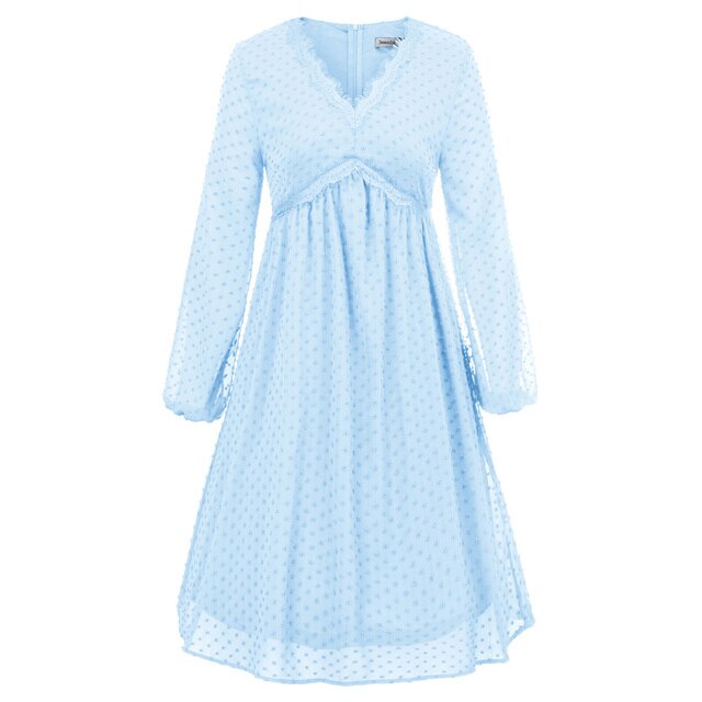 Women's Dresses Fashion V-Neck Empire Waist Swing Dress Long Sleeve Flared A-Line Summer Chiffon Mesh Lady Elegant Dresses New-1