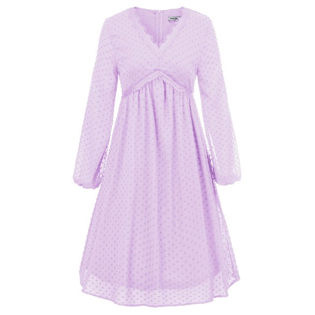 Women's Dresses Fashion V-Neck Empire Waist Swing Dress Long Sleeve Flared A-Line Summer Chiffon Mesh Lady Elegant Dresses New-8