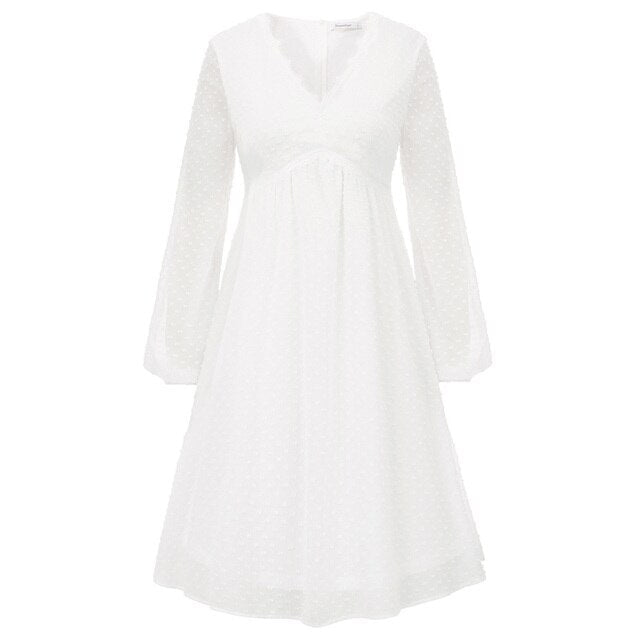 Women's Dresses Fashion V-Neck Empire Waist Swing Dress Long Sleeve Flared A-Line Summer Chiffon Mesh Lady Elegant Dresses New-2