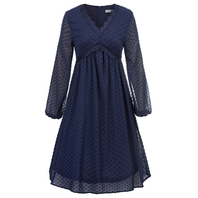 Women's Dresses Fashion V-Neck Empire Waist Swing Dress Long Sleeve Flared A-Line Summer Chiffon Mesh Lady Elegant Dresses New-4
