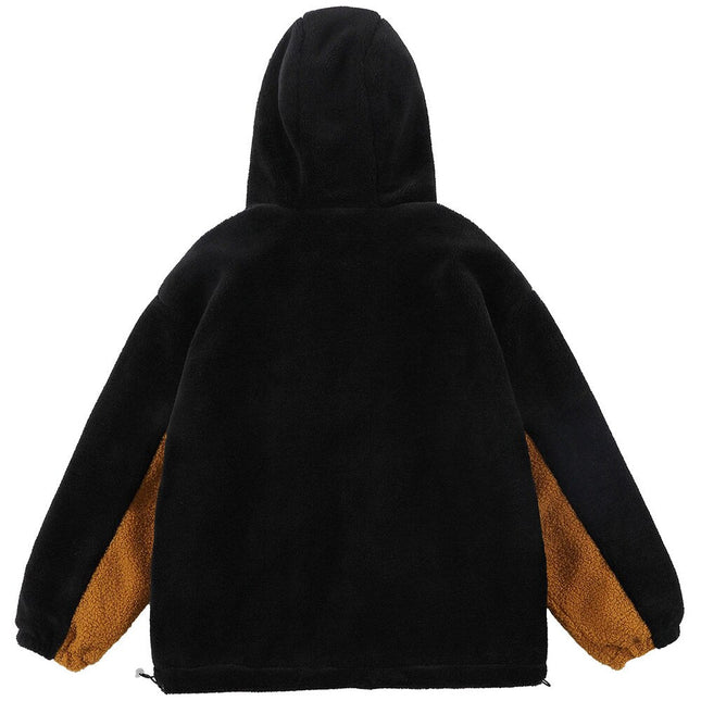 Jacket Men Furry Bear Color Block Patchwork Flannel Outwear College Style Hooded Coats Soft Cozy Warm Couple Streetwear-3