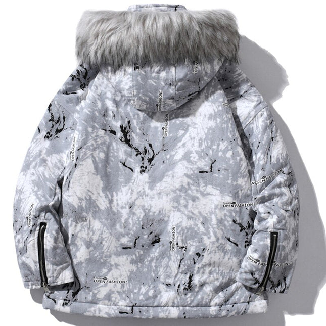 Parka Jacket Men Letter Tie Dye Print Zipper Sleeve Hooded Jackets Coat Winter Harajuku Hip Hop Warm Padded Outwear Men-2