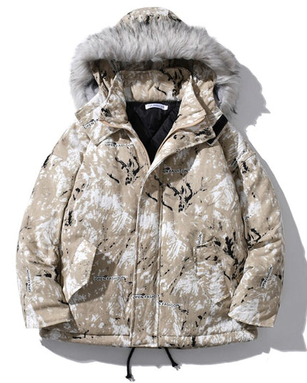 Parka Jacket Men Letter Tie Dye Print Zipper Sleeve Hooded Jackets Coat Winter Harajuku Hip Hop Warm Padded Outwear Men-3