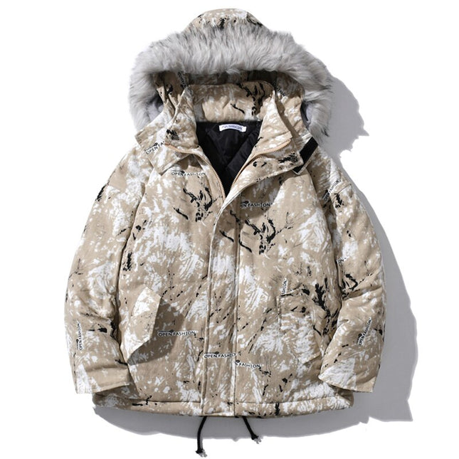 Parka Jacket Men Letter Tie Dye Print Zipper Sleeve Hooded Jackets Coat Winter Harajuku Hip Hop Warm Padded Outwear Men-3