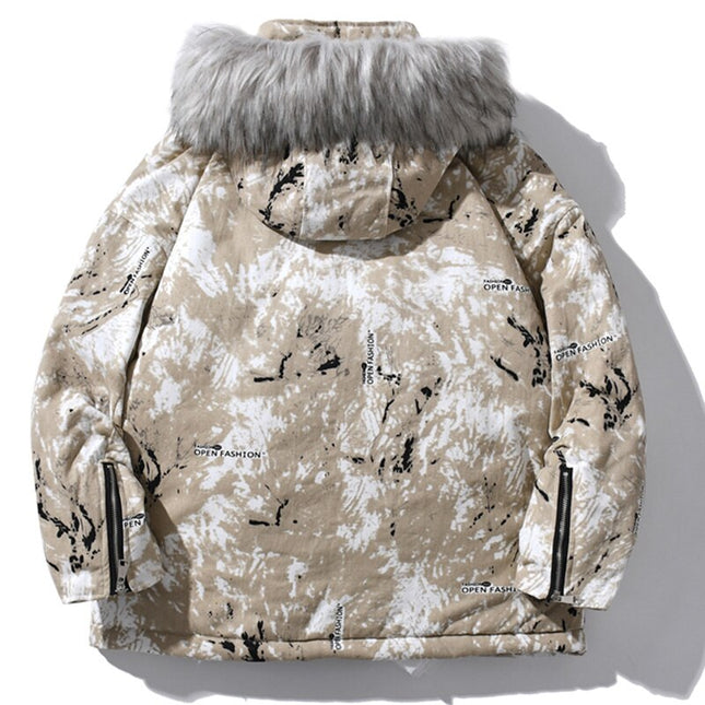 Parka Jacket Men Letter Tie Dye Print Zipper Sleeve Hooded Jackets Coat Winter Harajuku Hip Hop Warm Padded Outwear Men-4