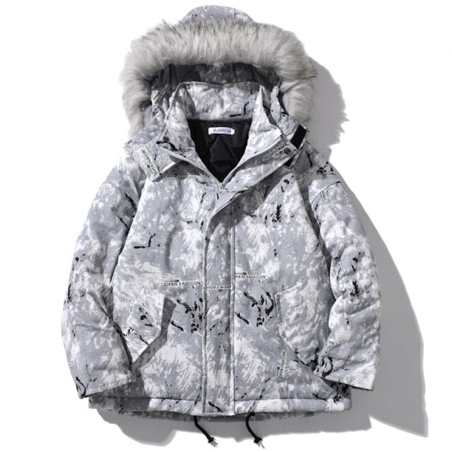 Parka Jacket Men Letter Tie Dye Print Zipper Sleeve Hooded Jackets Coat Winter Harajuku Hip Hop Warm Padded Outwear Men-1