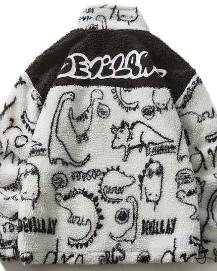 Lambswool Parkas Winter Jacket Men Dinosaur Graffiti Fuzzy Casual Fashion Hip Hop Baggy Oversized Coat Couple Outerwear-0