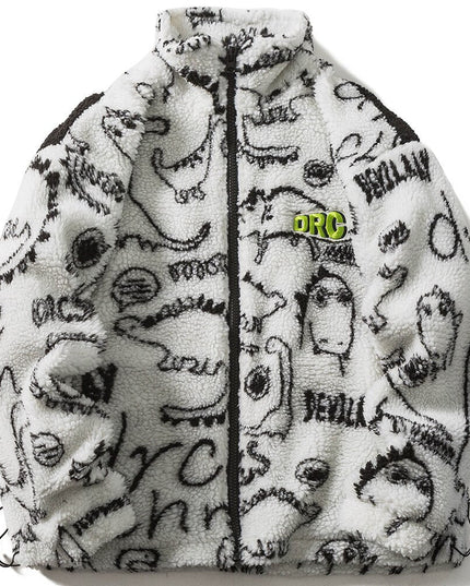 Lambswool Parkas Winter Jacket Men Dinosaur Graffiti Fuzzy Casual Fashion Hip Hop Baggy Oversized Coat Couple Outerwear-1