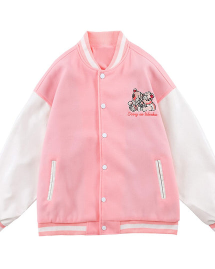 Varsity Jacket Men Bear Embroidery Patchwork Color Bomber Coats Couple Loose High Street Hipster Baseball Jacket Autumn-1