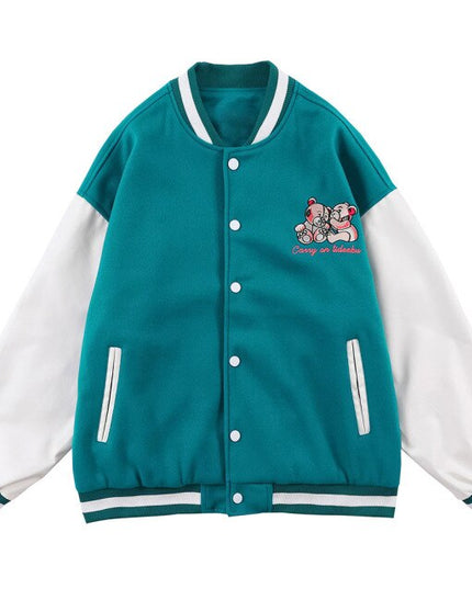 Varsity Jacket Men Bear Embroidery Patchwork Color Bomber Coats Couple Loose High Street Hipster Baseball Jacket Autumn-5