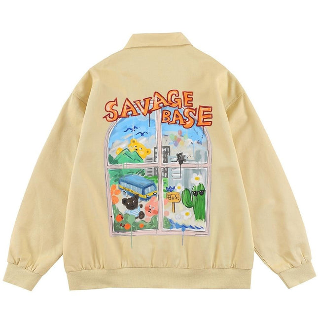 Jackets Men Cartoon Bear Graffiti Letter Print Turn-down Collar Coats Varsity Japanese Fashion All-match Outwear Couple-0