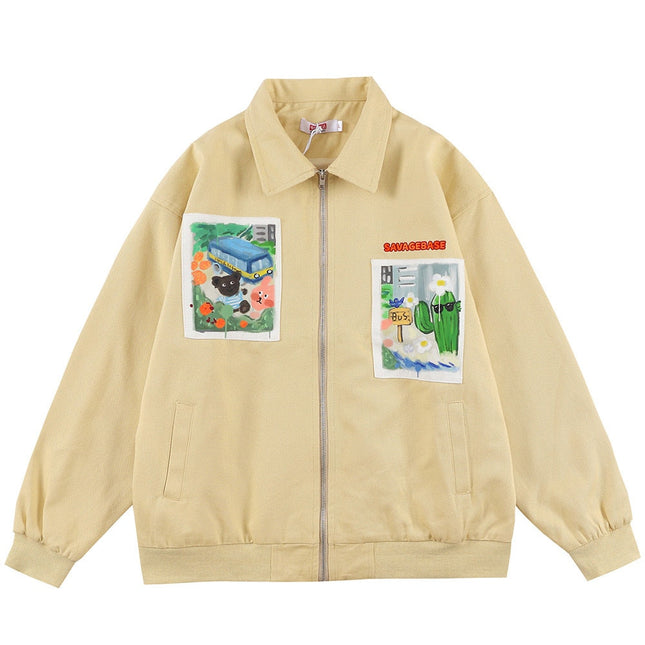 Jackets Men Cartoon Bear Graffiti Letter Print Turn-down Collar Coats Varsity Japanese Fashion All-match Outwear Couple-1