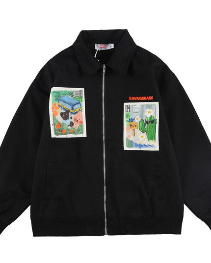 Jackets Men Cartoon Bear Graffiti Letter Print Turn-down Collar Coats Varsity Japanese Fashion All-match Outwear Couple-2