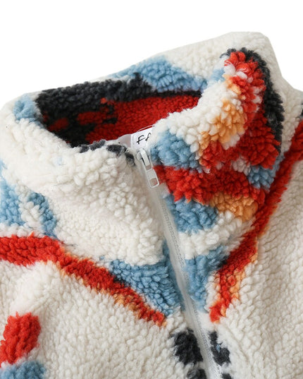 Lambswool Winter Jacket Men Colorful Tie Dye Pockets Zipper Furry Coats Couple Harajuku Fashion Warm Outwear Streetwear-4