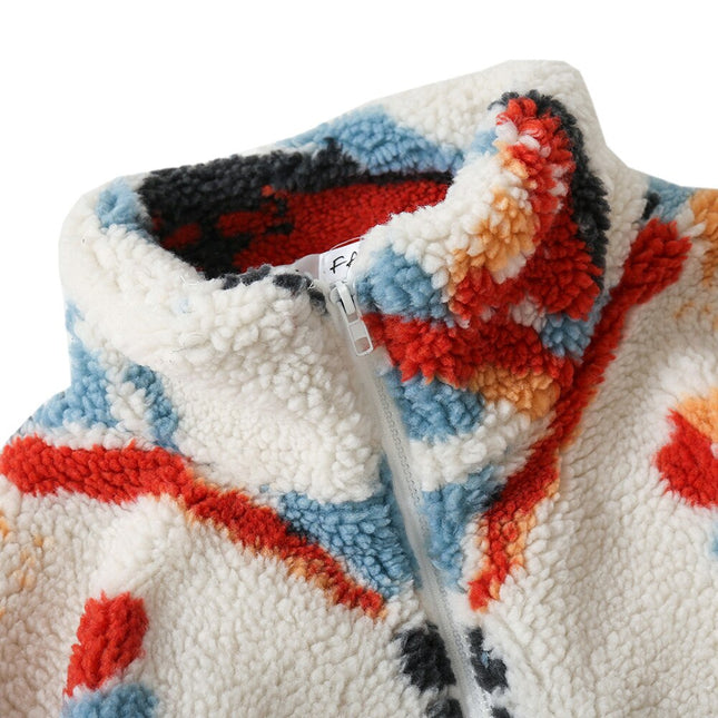 Lambswool Winter Jacket Men Colorful Tie Dye Pockets Zipper Furry Coats Couple Harajuku Fashion Warm Outwear Streetwear-4
