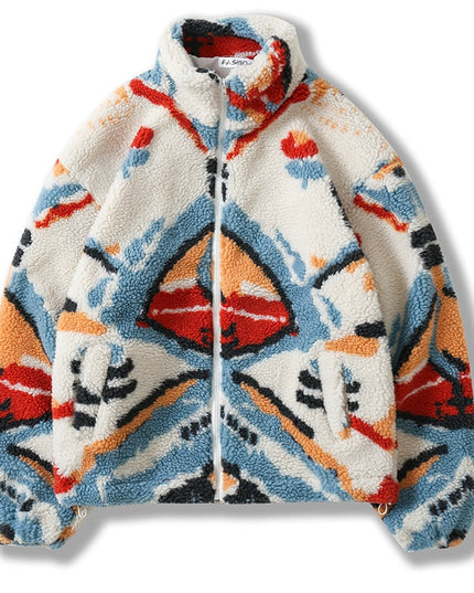Lambswool Winter Jacket Men Colorful Tie Dye Pockets Zipper Furry Coats Couple Harajuku Fashion Warm Outwear Streetwear-0