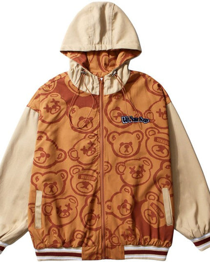 Jacket Men Cartoon Cute Bear Full Print Patchwork Sleeve Coat Casual Cozy Japanese Retro Funny College Style Streetwear-3