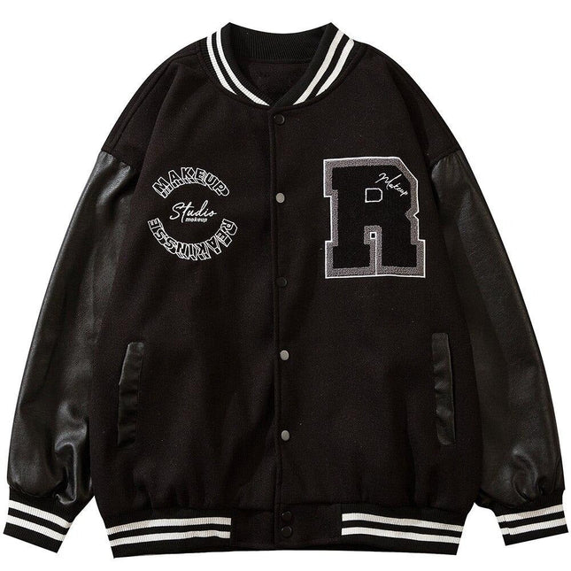 Varsity Jacket Men Leather Patchwork Letter Patch Baseball Coats Harajuku All-match Casual College Style Bomber Outwear-0