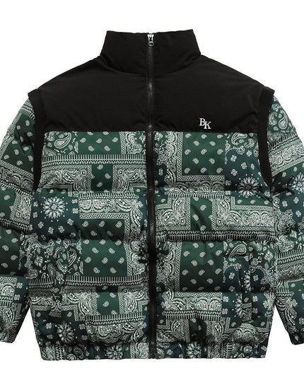 Parka Winter Jacket Men Furry Letter Paisley Printed Patchwork Hip Hop Fashion Loose Warm Cozy Sleeves Detachable Coats-0