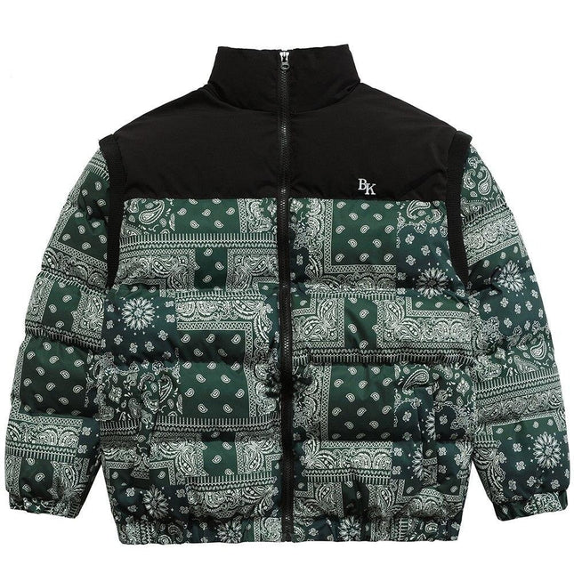 Parka Winter Jacket Men Furry Letter Paisley Printed Patchwork Hip Hop Fashion Loose Warm Cozy Sleeves Detachable Coats-0
