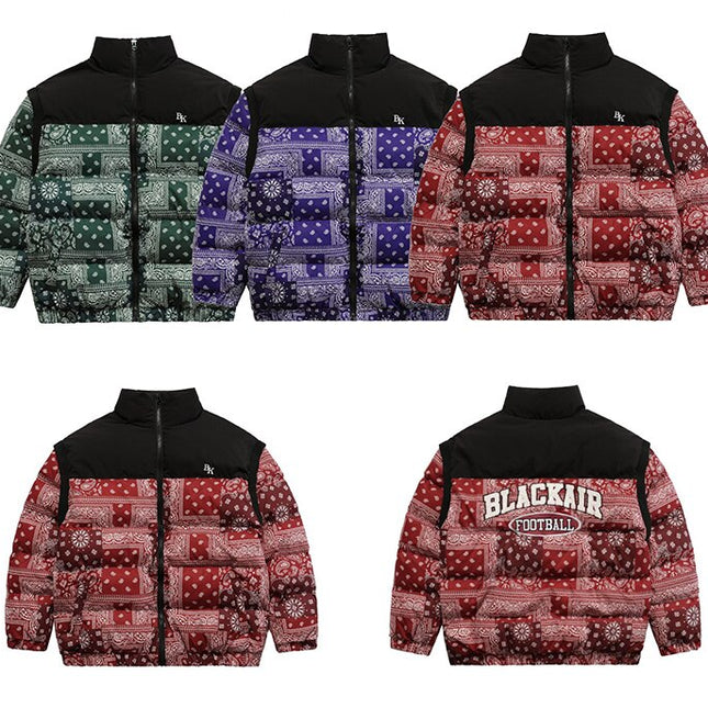 Parka Winter Jacket Men Furry Letter Paisley Printed Patchwork Hip Hop Fashion Loose Warm Cozy Sleeves Detachable Coats-4
