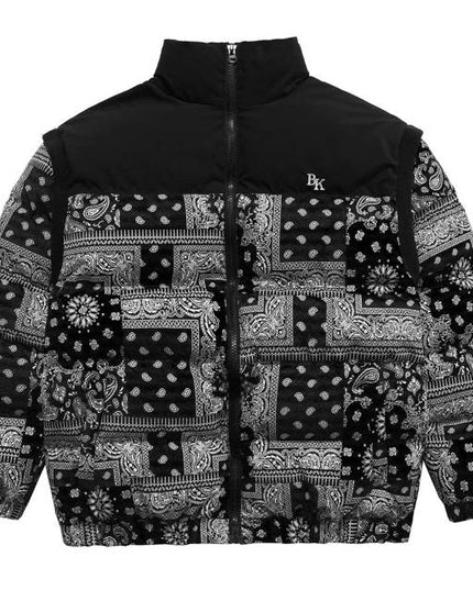 Parka Winter Jacket Men Furry Letter Paisley Printed Patchwork Hip Hop Fashion Loose Warm Cozy Sleeves Detachable Coats-2