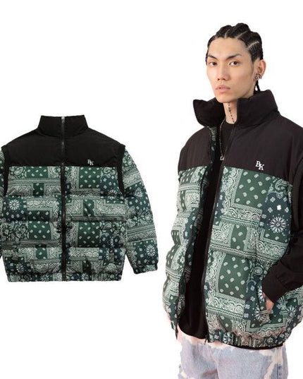 Parka Winter Jacket Men Furry Letter Paisley Printed Patchwork Hip Hop Fashion Loose Warm Cozy Sleeves Detachable Coats-6